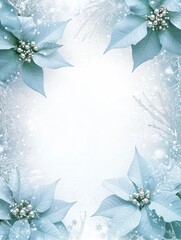 Delicate Blue Christmas Frame with Poinsettias and Sparkling Snowflakes for Holiday Designs and Creative Projects