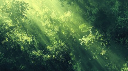 Sunbeams piercing through dense green forest canopy, creating dramatic light and shadow.