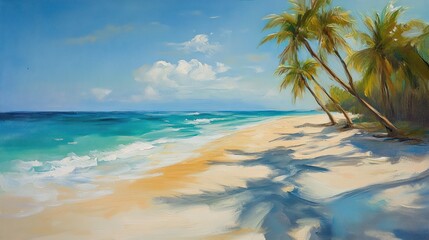 Idyllic beach scene with palm trees, turquoise water, and white sand under a sunny sky.