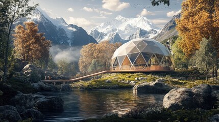 Geodesic Dome Retreat Nestled In Autumnal Mountain Scenery