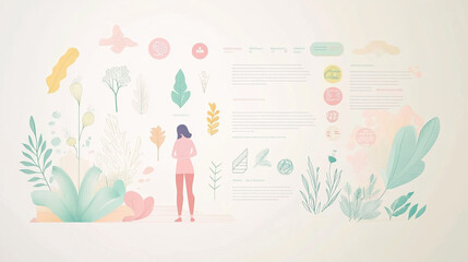 A minimalist illustration featuring a woman surrounded by various plant elements and text.