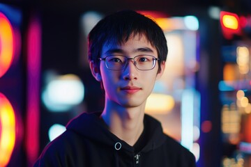 Fototapeta premium A young Asian man with glasses, illuminated by vibrant neon lights in a city at night.