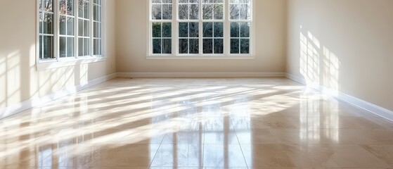 Sunlit Elegant Room Interior  Beige Walls  Marble Floor  Large Windows