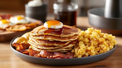Breakfast consist of pancakes with crispy bacons, maple syrup and scrambled eggs. 