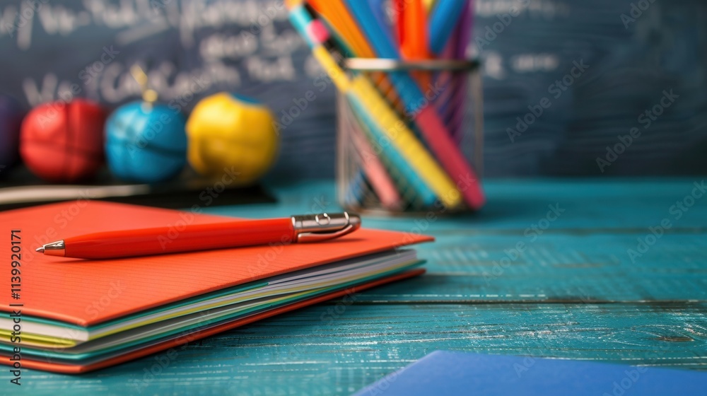 Leinwandbilder notebook and pen resting on a desk in a modern classroom filled with bright orange chairs during a s
