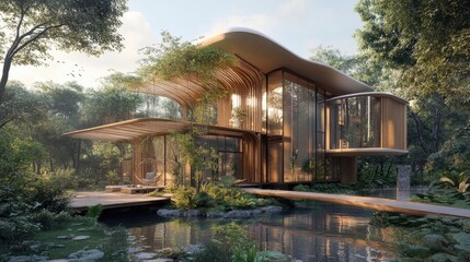 Fototapeta premium Modern Bamboo House Nestled Amongst Lush Greenery