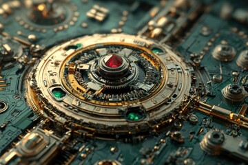 Intricate steampunk-inspired mechanism with a central ruby gemstone, showcasing complex gears and circuitry.