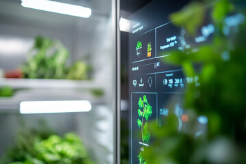 A modern refrigerator display showing fresh herbs and related information.