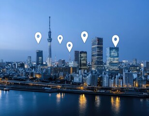 Aerial view highlights a modern city with digital network connections and floating map pins over buildings near a wide river.