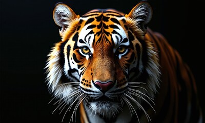 Fototapeta premium Tiger portrait intense gaze piercing eyes black background