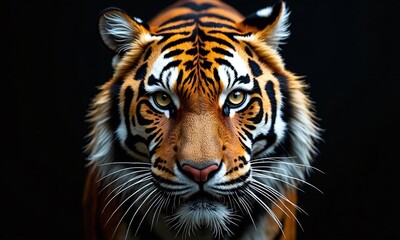 Fototapeta premium Tiger portrait intense gaze piercing eyes black background