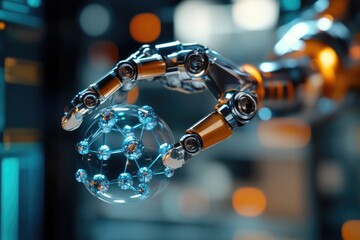 A robotic arm delicately holds a molecular model, showcasing advancements in AI and nanotechnology.