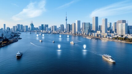 Aerial view highlights a modern city with digital network connections and floating map pins over buildings near a wide river