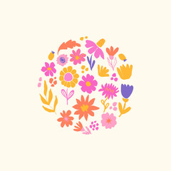 Square minimalist card with bright abstract flowers in a round shape