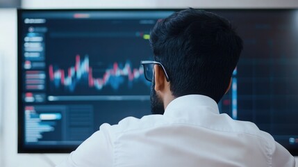 Professional trader analyzes stock market trends using advanced technology in a modern office setting