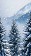 Fototapeta premium In winter, tall snow capped mountains and towering cedars