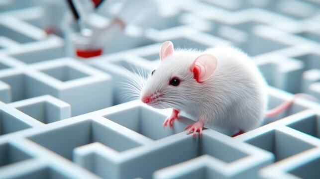 White mouse exploring a complex maze environment in a laboratory setting under bright lighting