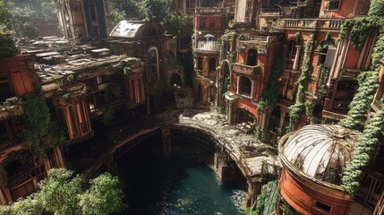 Obraz premium Overgrown Ruins Encircle A Sunlit Canal