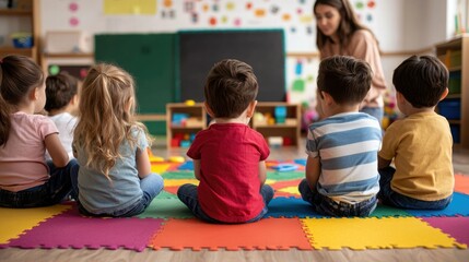 Children sitting on colorful mats in a classroom while listening to a teacher during a learning activity
