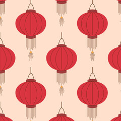 Seamless pattern with traditional red Chinese lantern on a soft beige background. Ideal for festive design, home decor, gift wrap, textile and card.