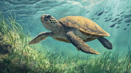 Fototapeta premium Green Sea Turtle Swimming Underwater Amidst Seagrass