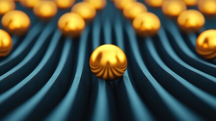 Unique arrangement of golden spheres on wavy surface showcasing 3D design and depth effects