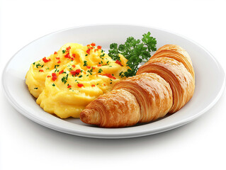 A plate featuring fluffy scrambled eggs and a golden croissant, perfect for breakfast.