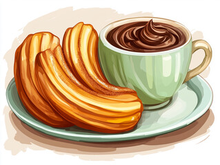 A plate of churros served with a cup of chocolate sauce.