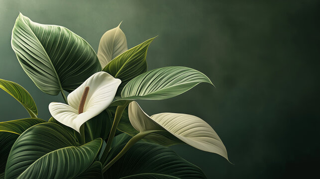 A hyper-realistic digital image of a vibrant flower, captured in stunning detail. The plant is positioned at the edge of the frame, with every texture, color, and vein on the leaves highlighted by sof