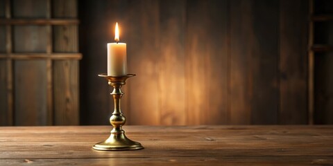 Elegant brass candlestick with lit candle casting a warm glow in an indoor setting, brass, candlestick, elegant, candle, warm