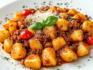 A plate of gnocchi topped with meat sauce, cherry tomatoes, and parmesan cheese.