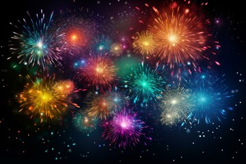 Bright and colorful fireworks light up the night sky, creating a festive and celebratory atmosphere