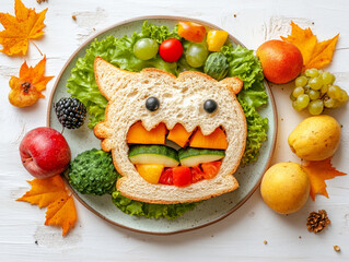 A playful sandwich featuring a monster face made of vegetables on a bed of lettuce.