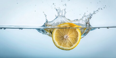 Refreshing lemon slice falling into clear water creating a splash , citrus, fruit, vitamin C, hydration, healthy, summer, drink
