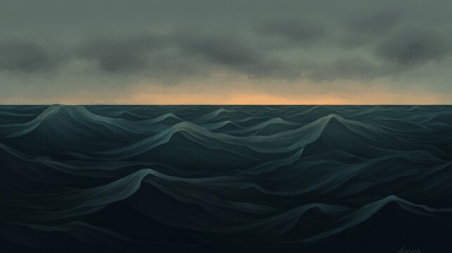 A vast, dark ocean with rolling waves under a moody, gray sky.
