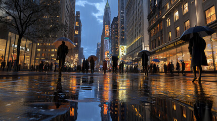 A rainy city scene with people holding umbrellas, reflecting lights on wet pavement.