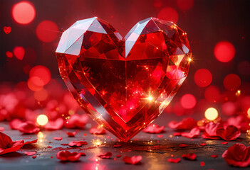 Red heart, consisting of many facets, glowing from the inside on dark background