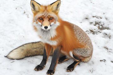 Fototapeta premium A red fox sitting on snow, showcasing its vibrant fur and keen expression.