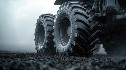 Heavy-duty tractor tires on wet terrain with a blurred background for a construction or agricultural theme