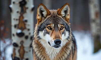 Obraz premium Wolf portrait winter forest piercing amber eyes snow