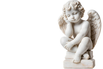 Obraz premium White marble statue of sitting cherub, isolated on white background