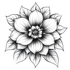 Monochrome illustration of a detailed, stylized flower with layered petals and leaves.