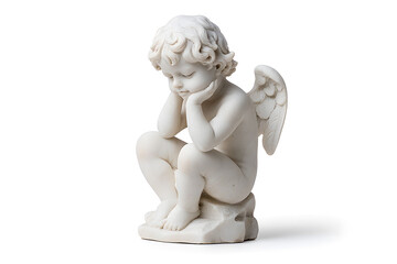 White marble statue of sitting cherub, isolated on white background