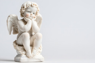 Fototapeta premium White marble statue of sitting cherub, isolated on white background