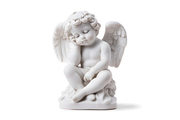 White marble statue of sitting cherub, isolated on white background