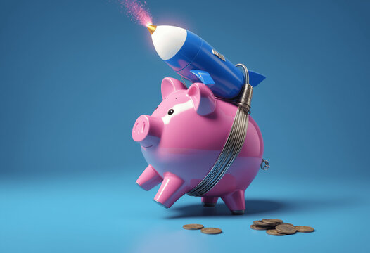 Pink piggy bank strapped to a rocket launching it into the air, symbolizing money and savings concept