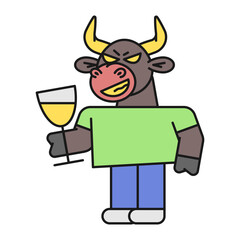 Bull holds glass with drink and smiles