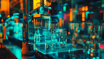 A robotic arm interacts with laboratory glassware in a futuristic research environment.
