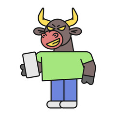 Bull holds smartphone and smiles