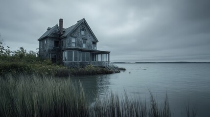 Obraz premium Old weathered house stands lonely by the water